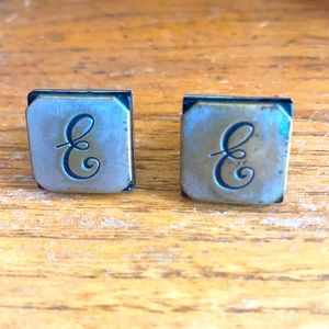 Vintage SWANK marked silver tone script initial E octagon bullet back cuff links